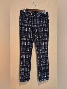 Tory Burch Conner Tab Front Skinny Jeans, Blue Hashy Square Pattern, size S/6